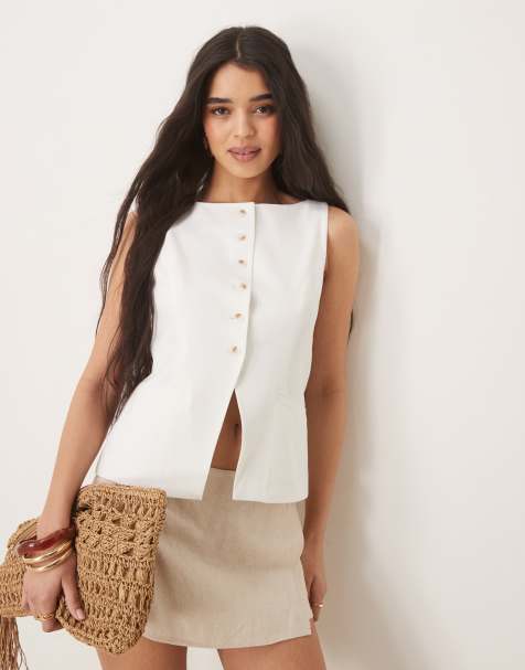 Gina Tricot - Getailleerd lang gilet met boothals in wit - view 1