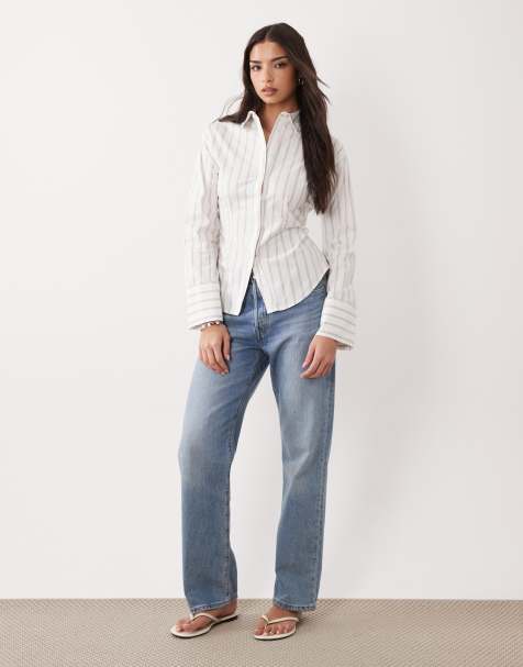 Gina Tricot - Getailleerde blouse met lange mouwen en strepen in wit - view 1