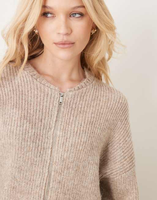 Gina Tricot - Giacca bomber in maglia beige mélange con zip, 4 di 4