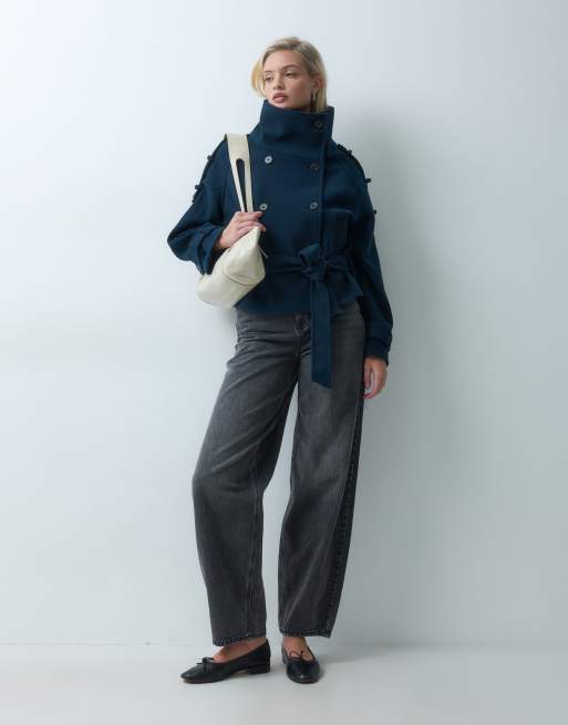 Gina Tricot giacca corta accollata in lana blu navy, 3 di 5