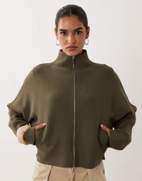 Gina Tricot - Giacca in maglia verde kaki con zip - view 1
