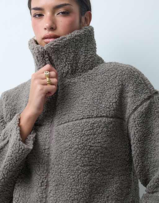 Gina Tricot giacca in pile con collo a imbuto marrone chiaro, 5 di 5