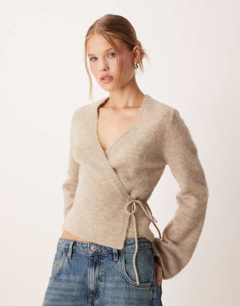 Gina Tricot - Gilet cache-cœur en maille de laine d'alpaga à manches longues - Beige chiné - view 1