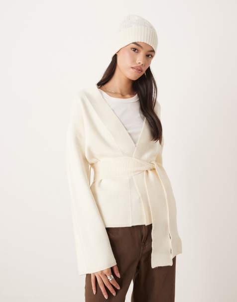 Gina Tricot - Gilet cache-cœur style kimono en maille - Crème - view 1