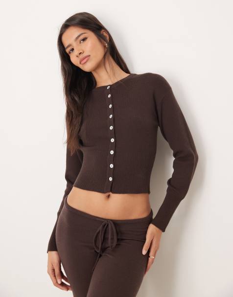 Gina Tricot - Gilet cintré d'ensemble en maille fine à manches longues - Marron foncé - view 1