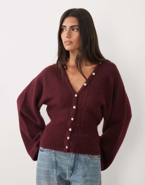 Gina Tricot gilet en maille cintré à la taille en alpaga avec laine bordeaux - view 1