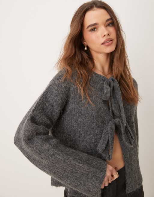 Gina Tricot - Gilet en maille côtelée ultra doux avec nœud devant - Gris foncé chiné
