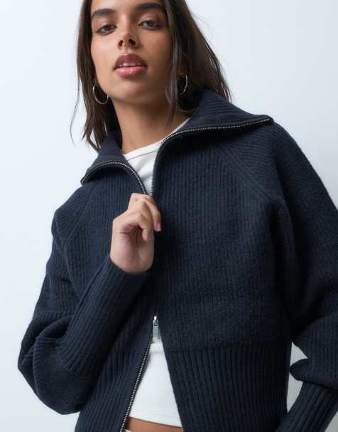 Gina Tricot gilet en maille zippé à col cheminée bleu marine - view 1