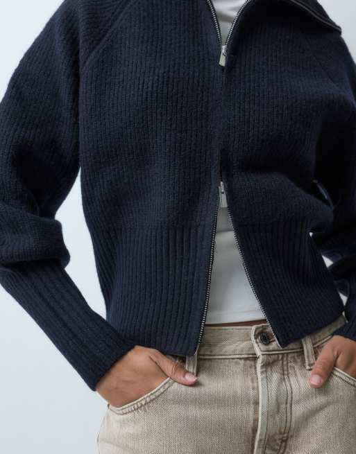 Gina Tricot gilet en maille zippé à col cheminée bleu marine, 3 de 5