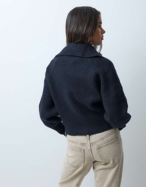 Gina Tricot gilet en maille zippé à col cheminée bleu marine, 4 de 5