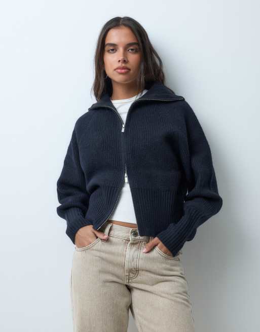Gina Tricot gilet en maille zippé à col cheminée bleu marine, 5 de 5