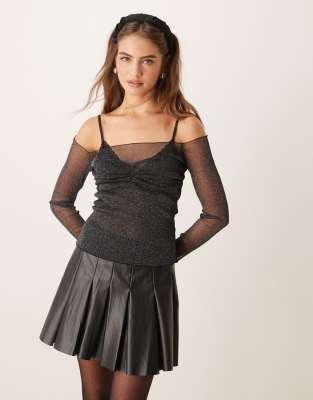 glitter mesh off-shoulder top with sheer panel in black metallic