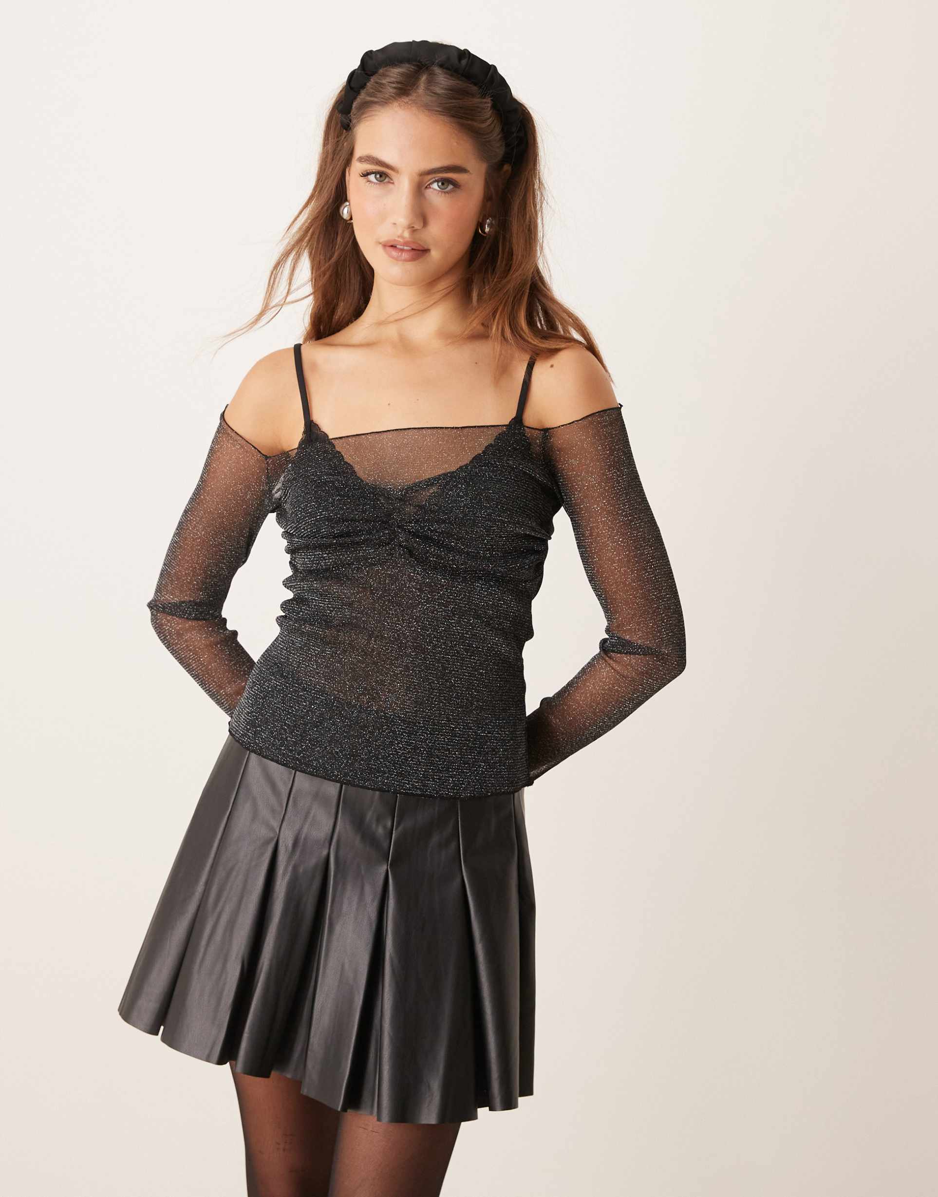 gina tricot glitter mesh off-shoulder top with sheer panel in black metallic