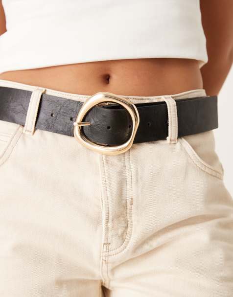 Gina Tricot gold buckle detail belt in black - view 1