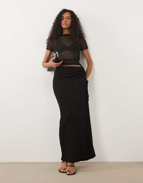 Gina Tricot - Gonna lunga nera arricciata con laccetti - view 1