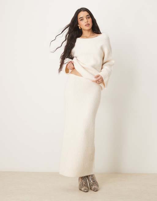 Gina Tricot - Gonna lunga pesante in maglia color crema con spacco laterale in coordinato