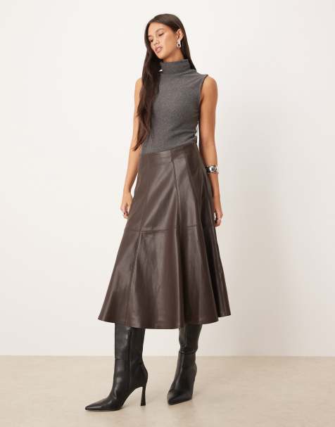 Gina Tricot - Gonna midi in similpelle PU marrone - view 1