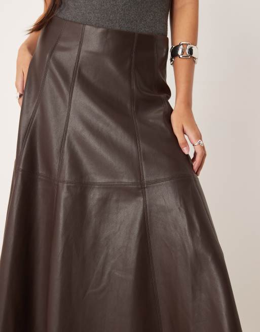 Gina Tricot - Gonna midi in similpelle PU marrone, 3 di 5