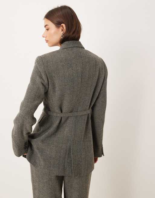 Gina Tricot - Grå blazer med sildebensmønster og bælte - Del af sæt, 3 af 4