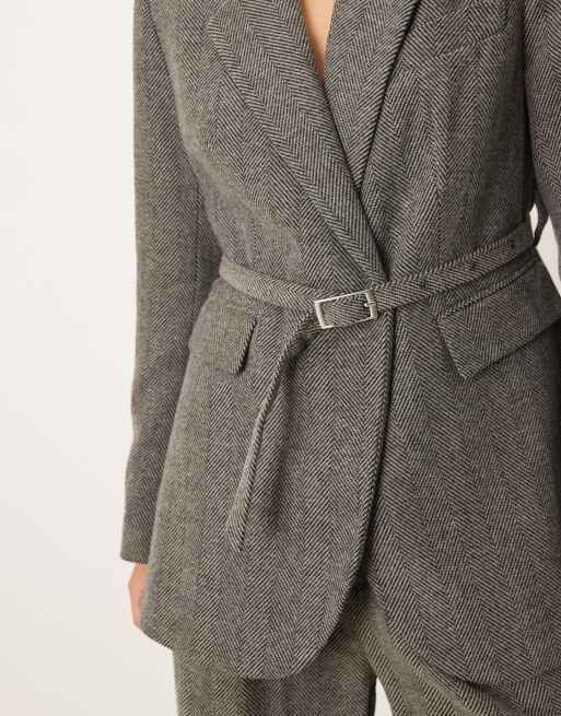 Gina Tricot - Grå blazer med sildebensmønster og bælte - Del af sæt, 4 af 4