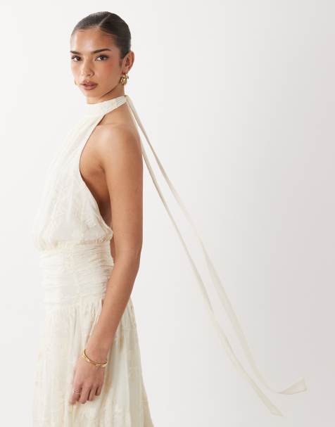 Gina Tricot – Gräddvit maxiklänning med broderi och bar rygg - view 1