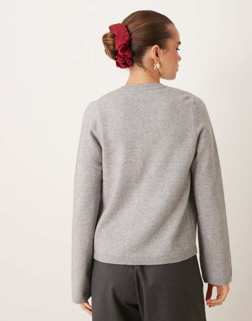 Gina Tricot – Gråmelerad, stickad kofta med en knapp, 3 av 4