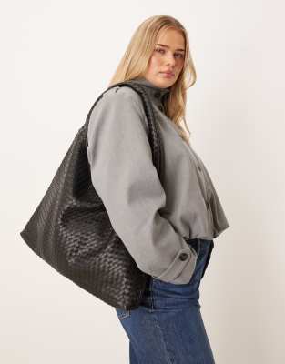 Gina Tricot - Grand sac porté épaule en imitation daim souple et effet tressé - Noir