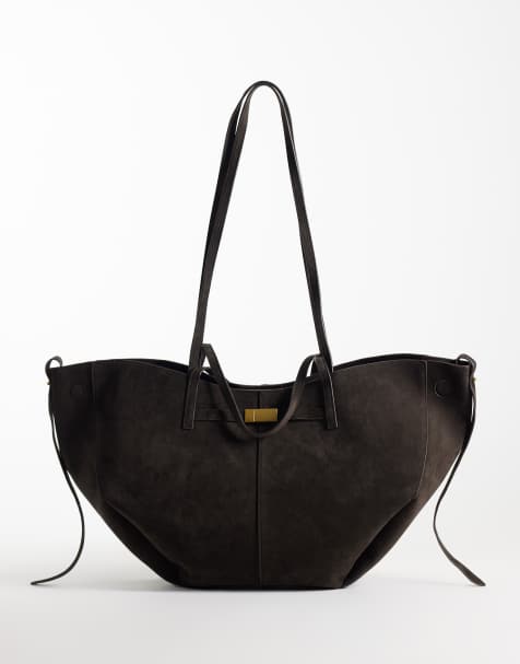 Gina Tricot große Tote-Bag in Braun mit Riemendetail in Wildlederoptik - view 1