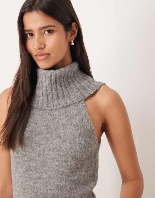 Gina Tricot - Grofgebreide mouwloze hoogsluitende top in gemêleerd middengrijs, 3 van 4
