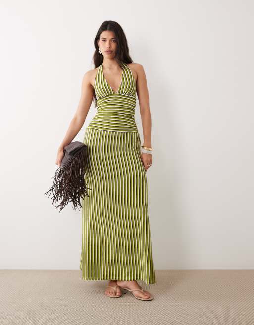 Gina Tricot halter neck backless maxi dress in green stripe, 2 of 4