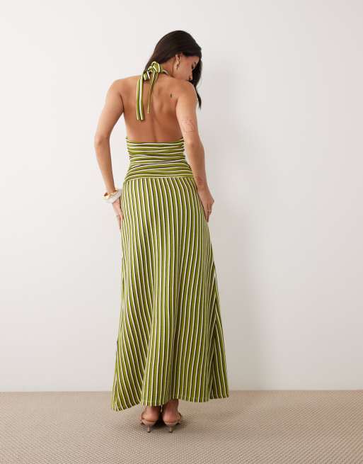 Gina Tricot halter neck backless maxi dress in green stripe, 3 of 4