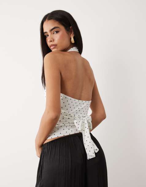 Gina Tricot halter neck tie detail top in black and white polka dots - view 1