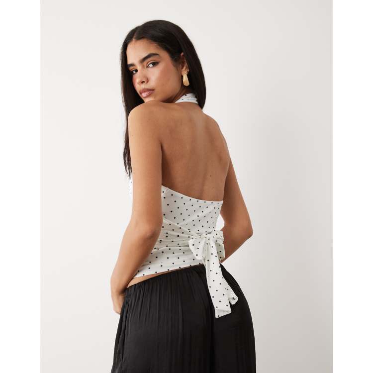 Gina Tricot halter neck tie detail top in black and white polka