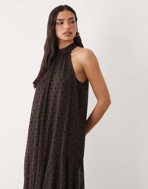 Gina Tricot halterneck asymmetric dress in brown polka dot | ASOS