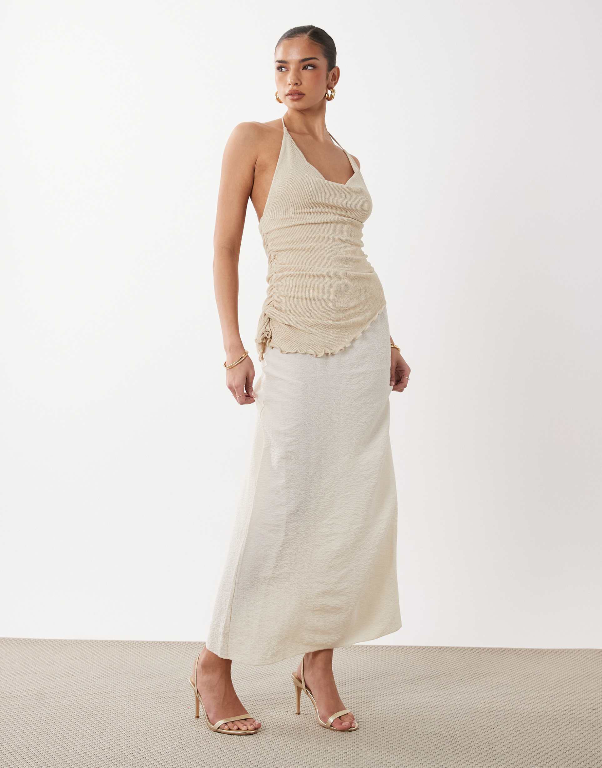 gina tricot halterneck asymmetric textured maxi dress with open back in almond milk beige