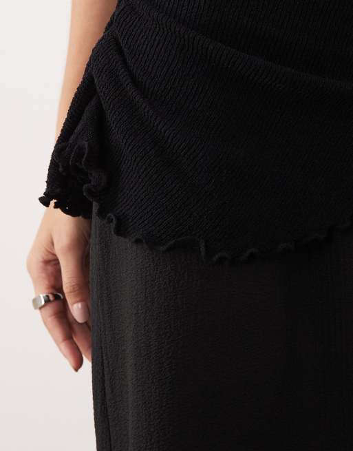 Gina Tricot halterneck asymmetric textured maxi dress with open back in black, 3 of 4