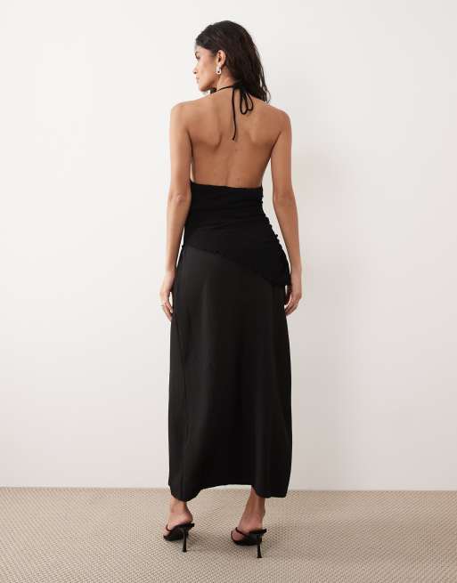 Gina Tricot halterneck asymmetric textured maxi dress with open back in black, 4 of 4