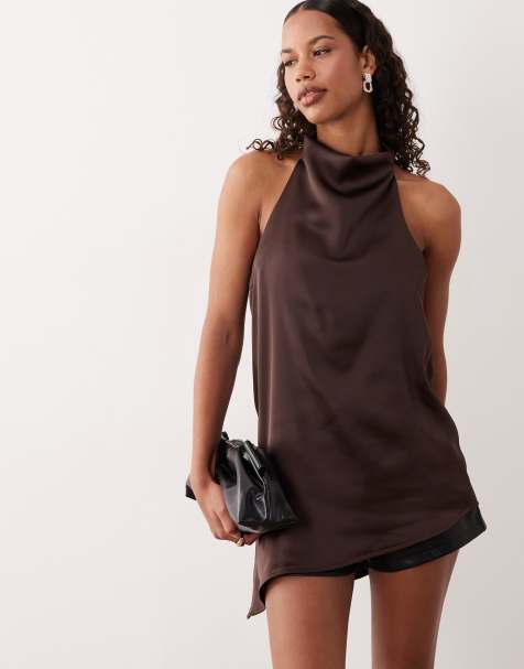 Gina Tricot halterneck asymmetric tunic in chocolate brown