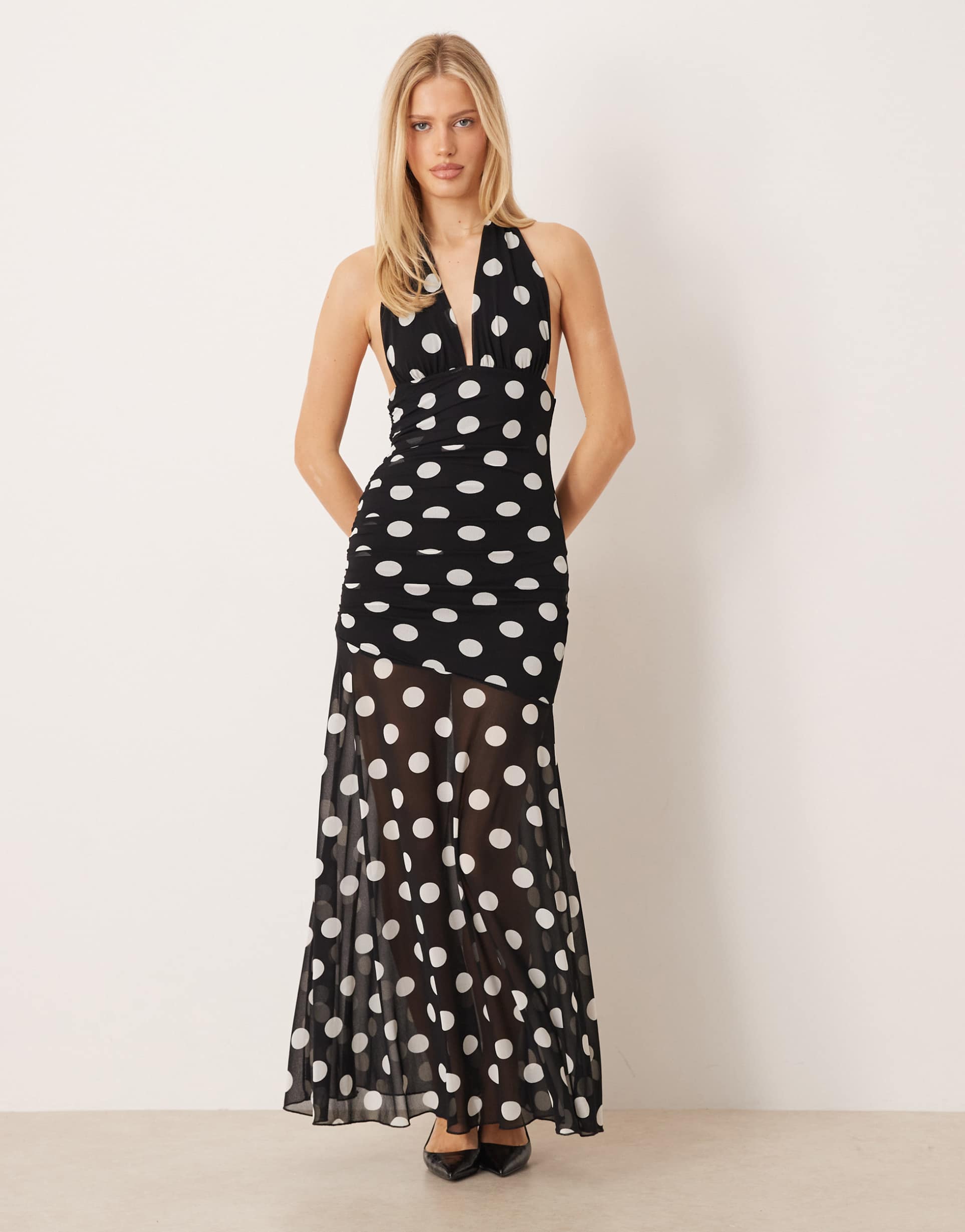 gina tricot halterneck dropped waist maxi dress in black polka dot