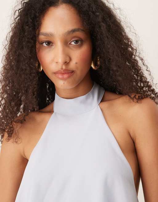 Gina Tricot halterneck frill tiered mini dress in light blue   