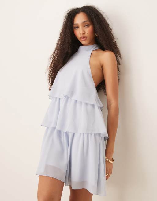 Gina Tricot halterneck frill tiered mini dress in light blue   