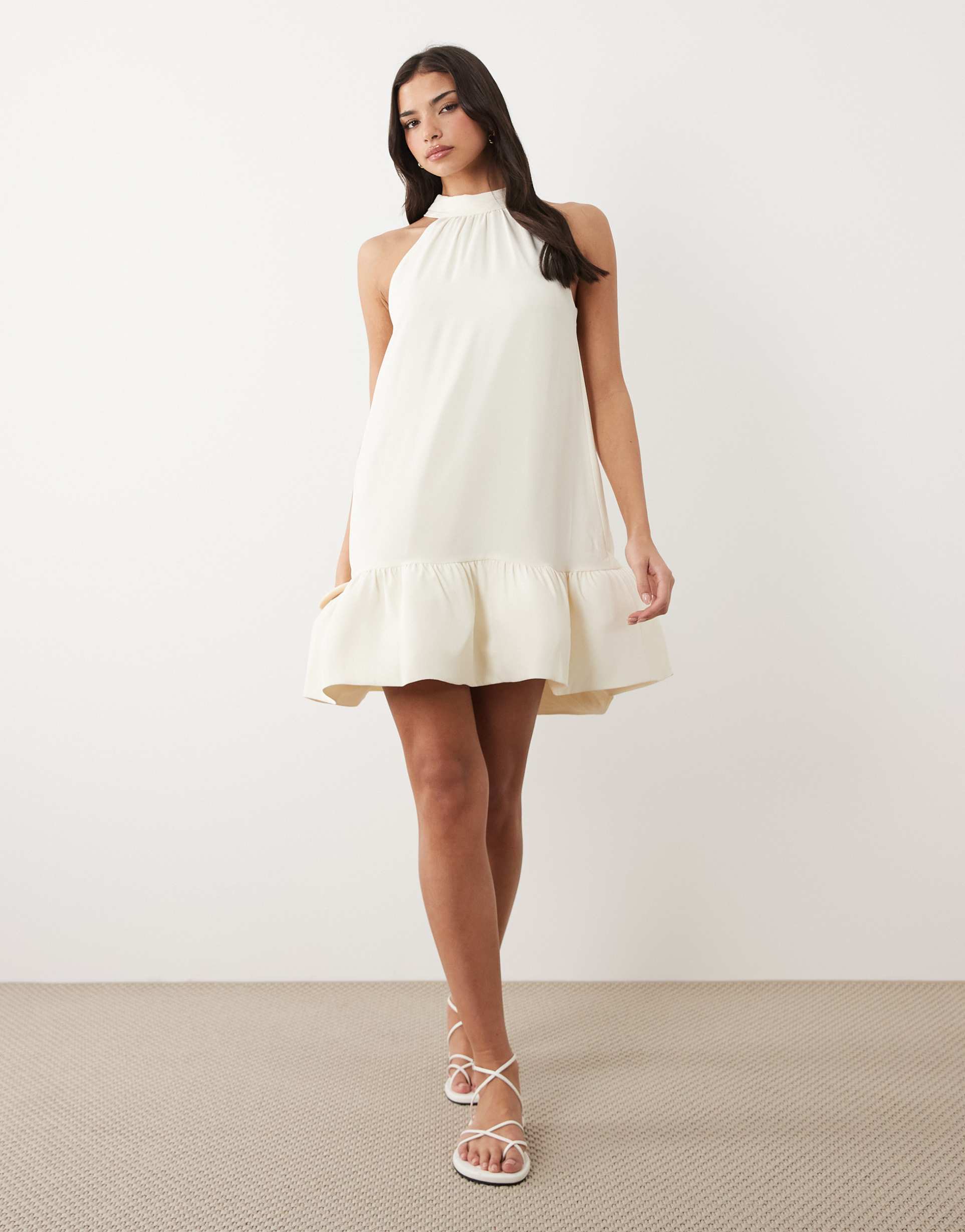gina tricot halterneck mini frill dress in cream