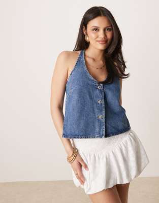 halterneck tie back denim top in midwash blue