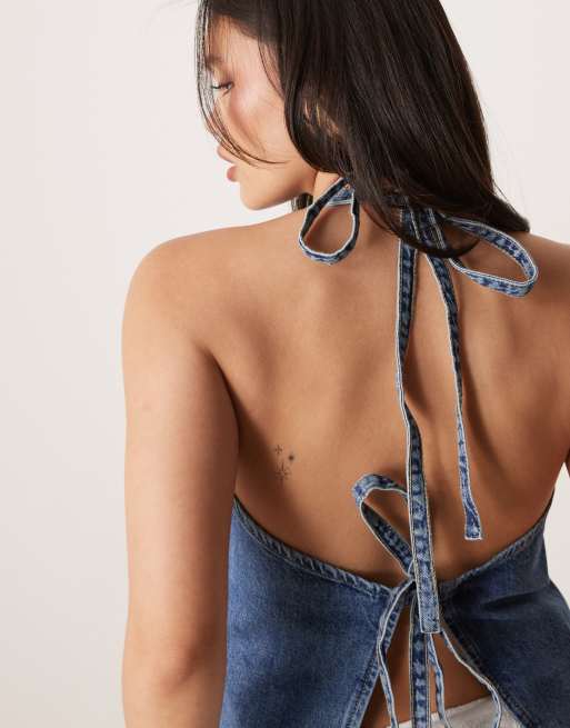 Gina Tricot halterneck tie back denim top in midwash blue, 4 of 4