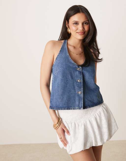 Gina Tricot halterneck tie up denim button up top in midwash blue