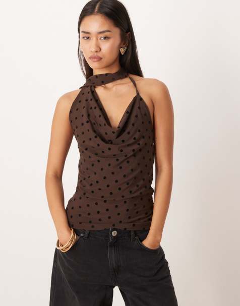 Gina Tricot halterneck top in brown polka dots - view 1