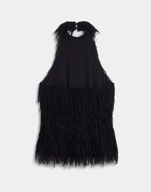 Gina Tricot halterneck-top med imiteret pels-tekstur i sort, 6 af 8