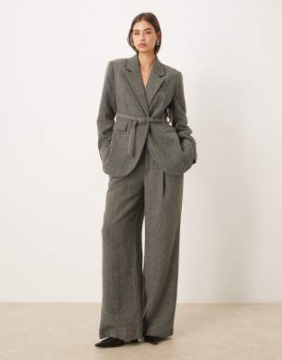 Gina Tricot Herringbone Belted Blazer In Gray