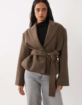 Gina Tricot Herringbone Short Coat In Brown