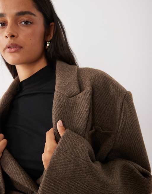 Gina Tricot herringbone short coat in deep taupe brown, 2 of 4